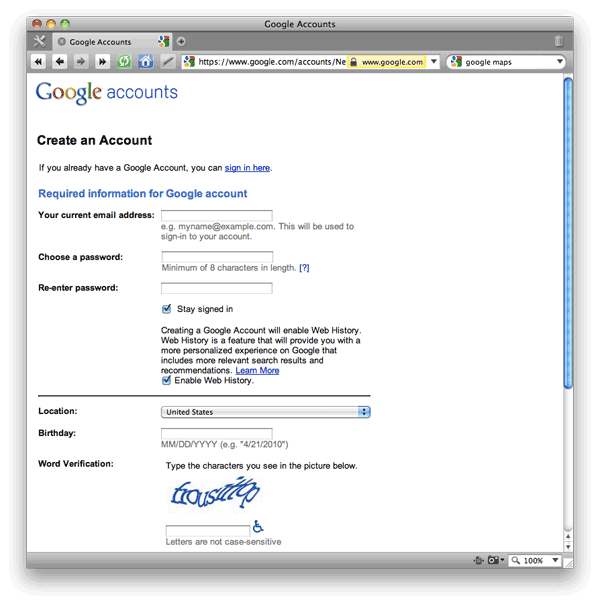 Screen shot of Google Accounts Sign-Up Form page.