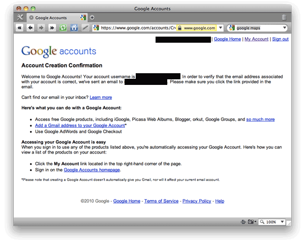 Screen shot of Google Accounts: Account Confirmation page.