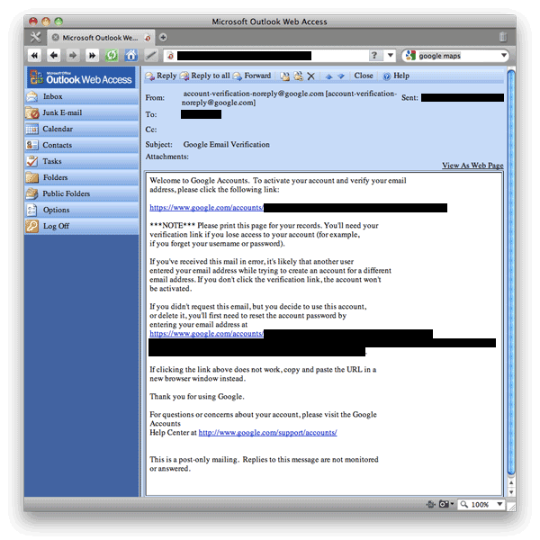Screen shot of Google Accounts: New Account Email Confirmation.