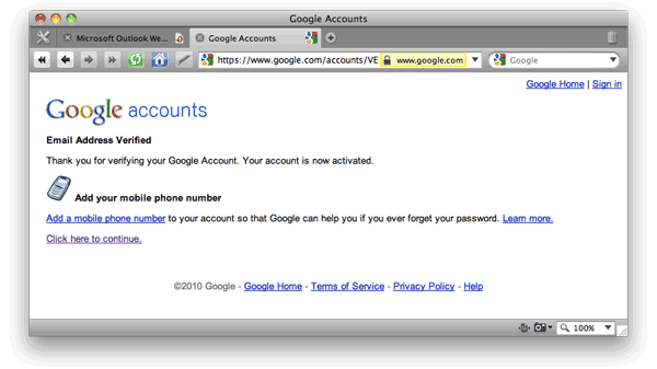 Screen shot of Google Accounts: Email Address Verified page.