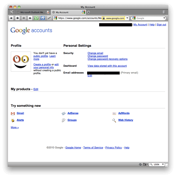 Screen shot of Google Accounts: My Account page.