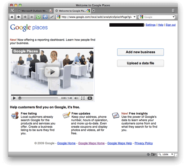 Screen shot of Google Places (i.e., Google Local or Google Maps) Sign Up page.