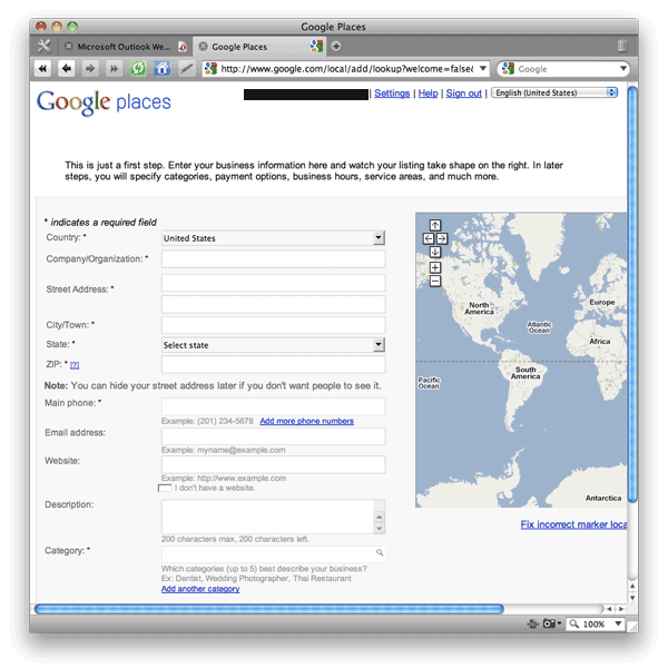 Screen shot of Google Places: Add New Business Survey page.
