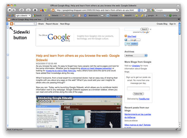 Screenshot of Google Blog with Sidewiki turned off.