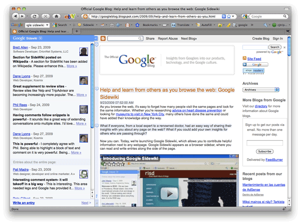 Screenshot of Google Blog with Sidewiki turned on.